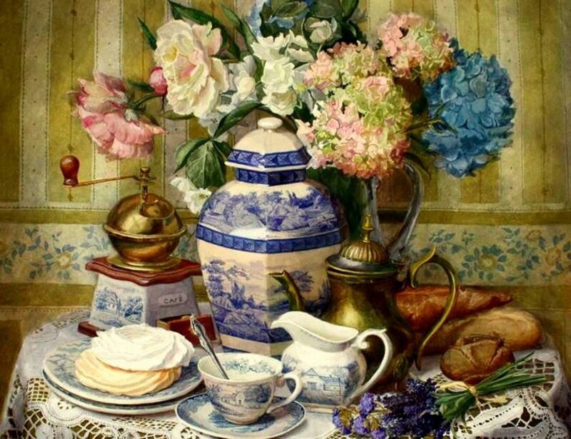 Still Life with Flowers and Tea Set — Blue