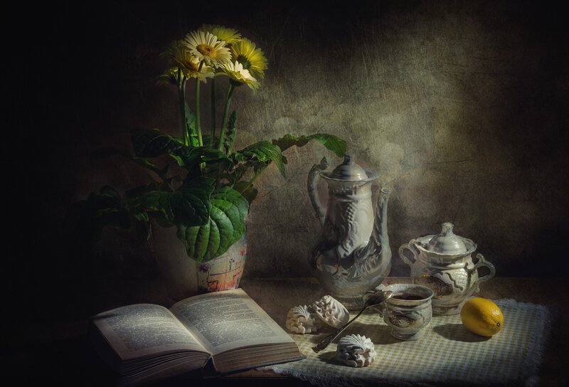 Still Life with Flowers and Tea Set — Brown, Dramatic