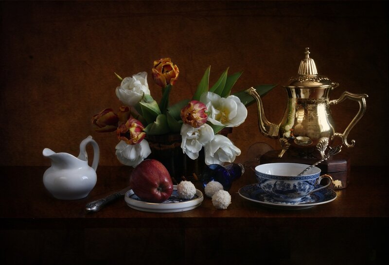 Still Life with Flowers and Tea Set — Brown