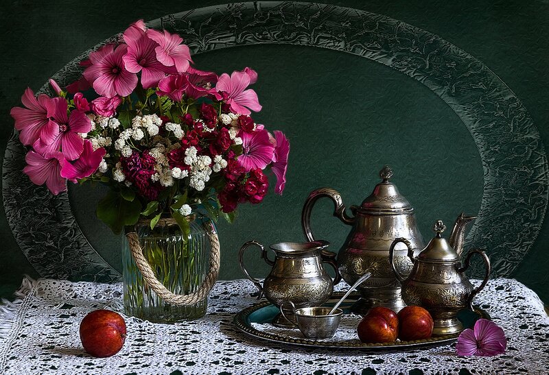 Still Life with Flowers and Tea Set — Green, Serene, Photograph