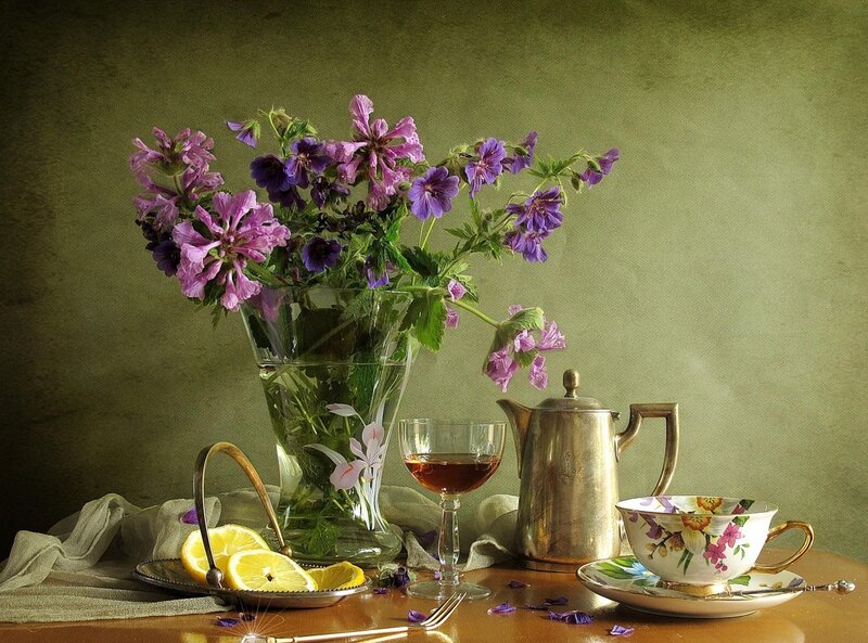 Still Life with Flowers and Tea Set — Green, Serene