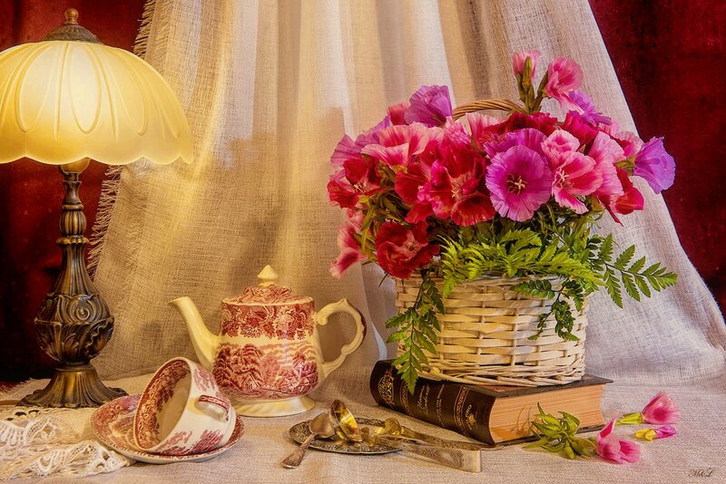 Still Life with Flowers and Tea Set — Pink, Serene