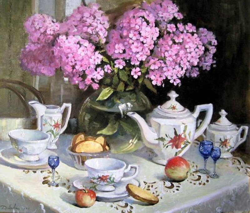 Still Life with Flowers and Tea Set — Pink