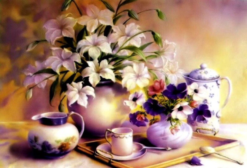 Still Life with Flowers and Tea Set — Purple, Serene