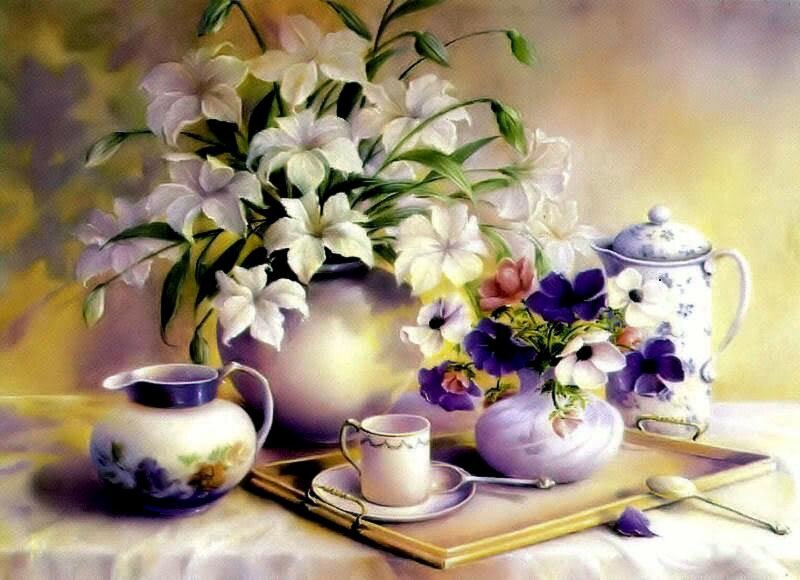 Still Life with Flowers and Tea Set — Purple