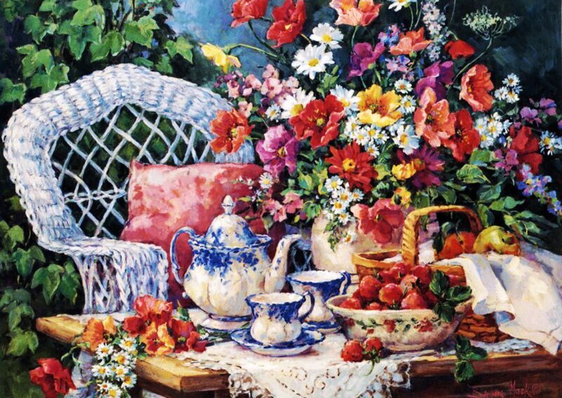 Still Life with Flowers and Tea Set — Red