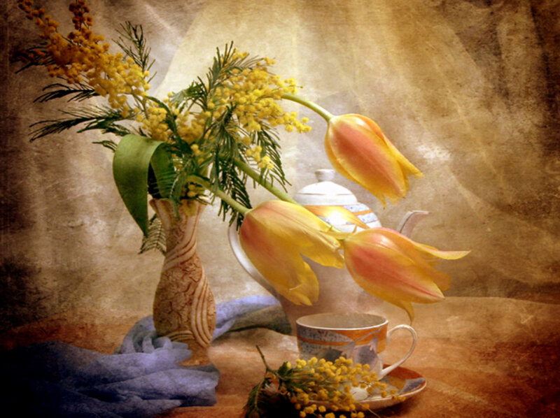 Still life with flowers and tea set