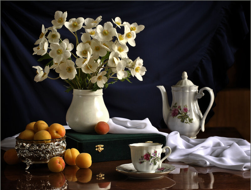 Still Life with Flowers and Tea Set — White, Serene, Photograph