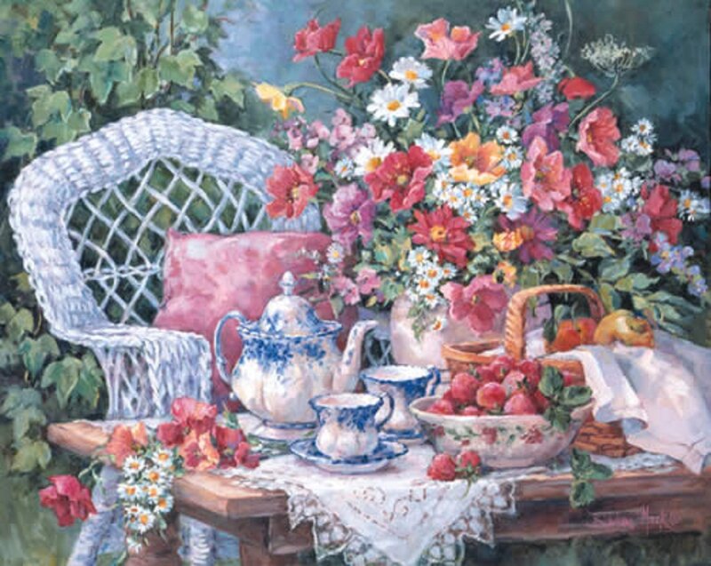 Still Life with Flowers and Tea Set — White, Serene