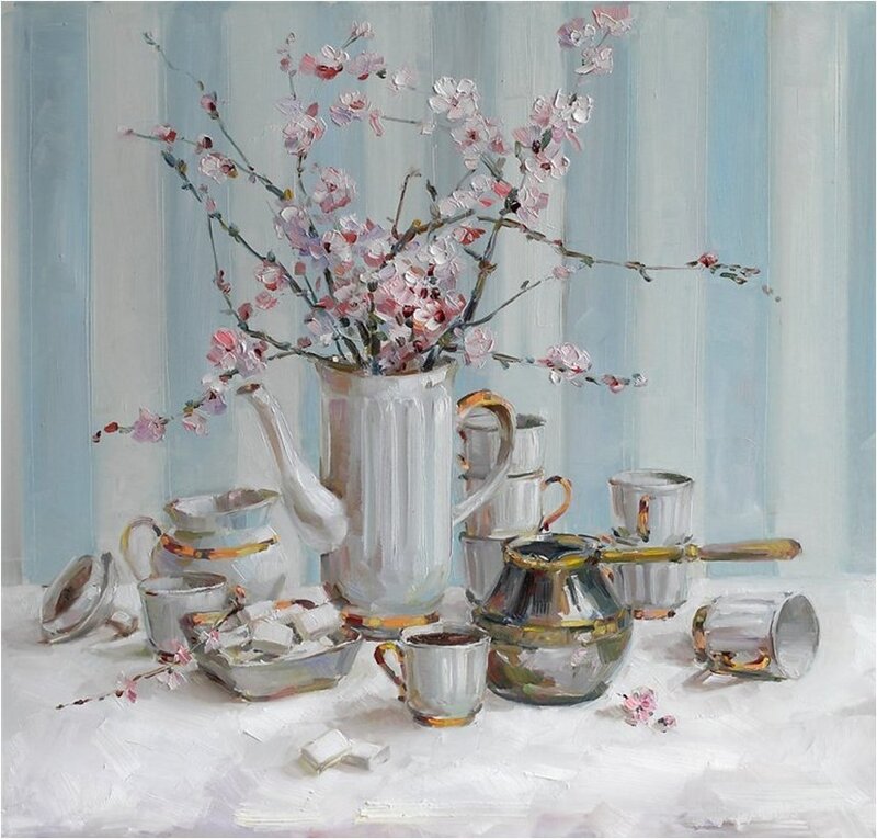 Still Life with Flowers and Tea Set — White