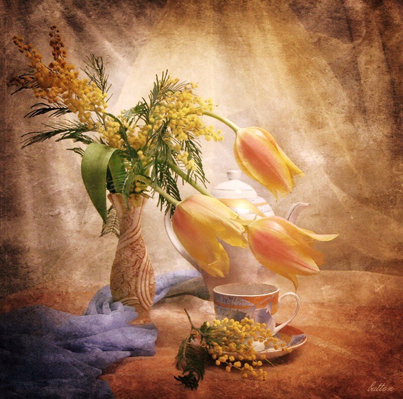 Still Life with Flowers and Tea Set — Yellow