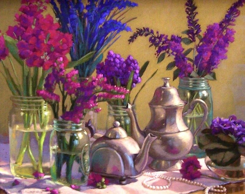 Still life with flowers and teapots