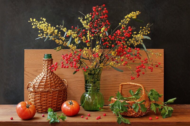 Still Life with Flowers and Vegetables — Brown