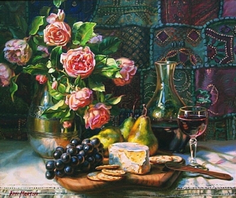 Still life with flowers and wine