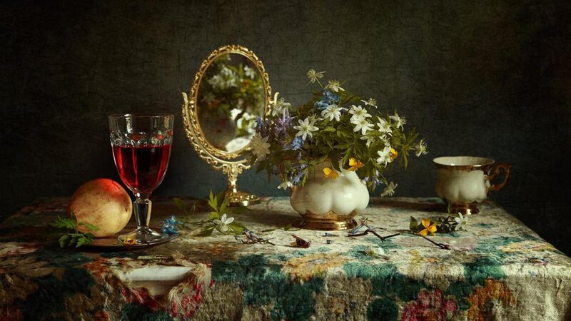 Still Life with Flowers and Wine — Green, Dramatic
