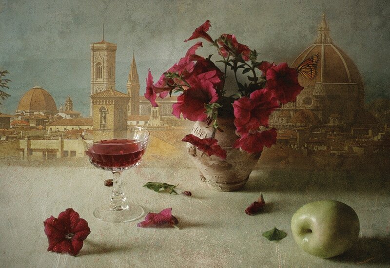 Still Life with Flowers and Wine — Red, Serene