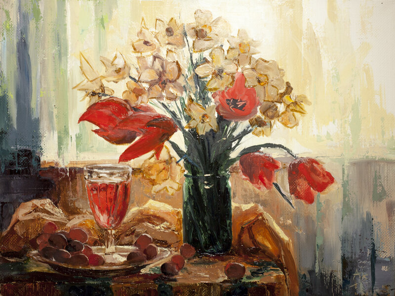 Still Life with Flowers and Wine — Red