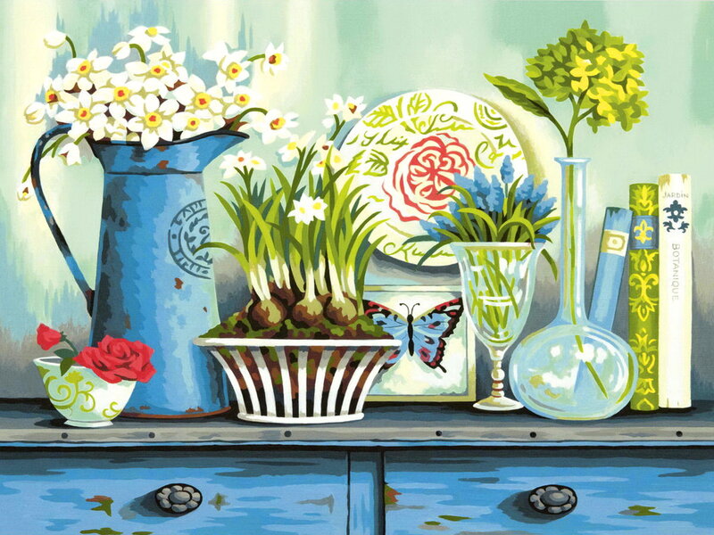 Still Life with Flowers — Blue, Serene, Spring