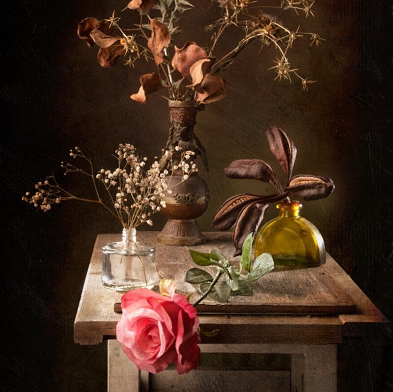 Still Life with Flowers — Brown, Dramatic, Photograph