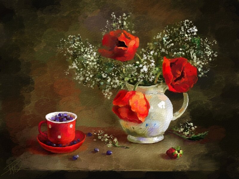 Still Life with Flowers — Red, Calm, Painting, Cup