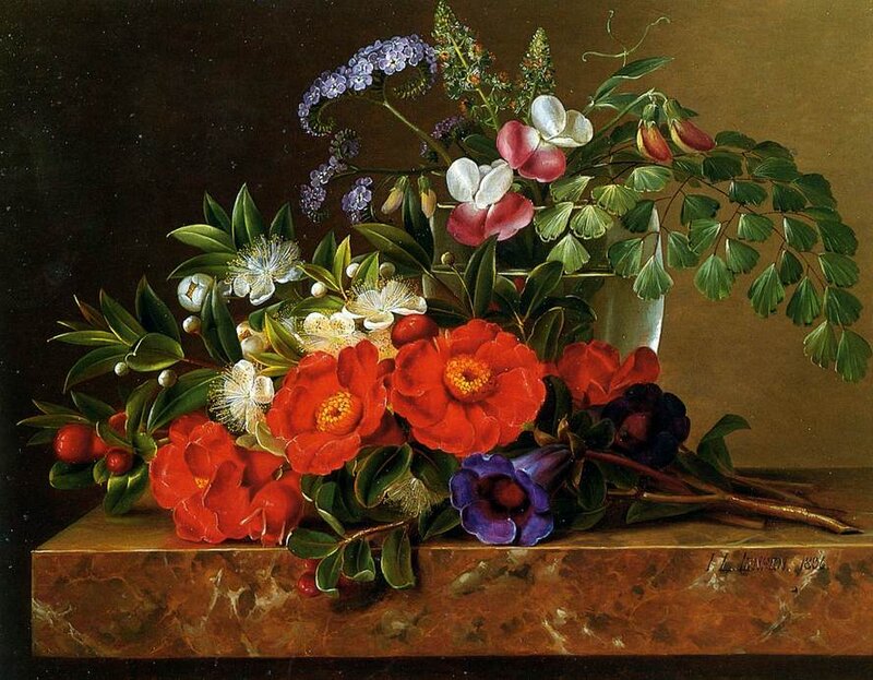 Still Life with Flowers — Red, Calm, Painting, Leaves