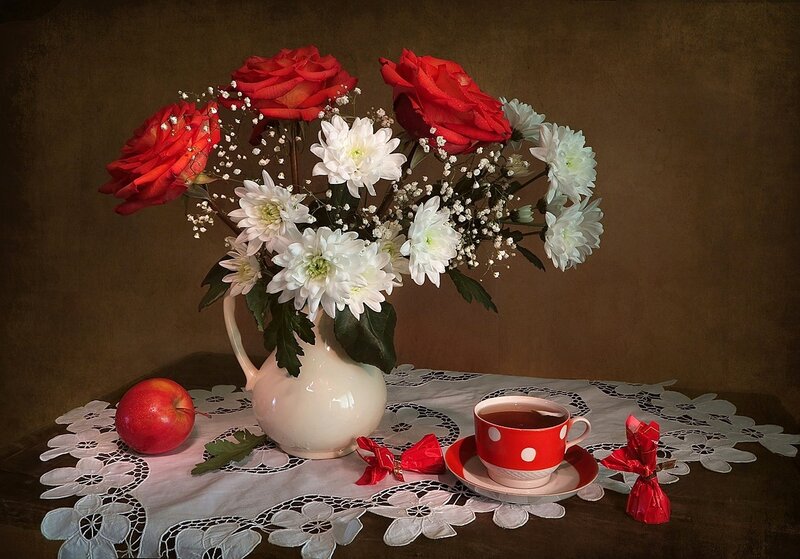 Still Life with Flowers — Red, Calm, Photograph, Apple