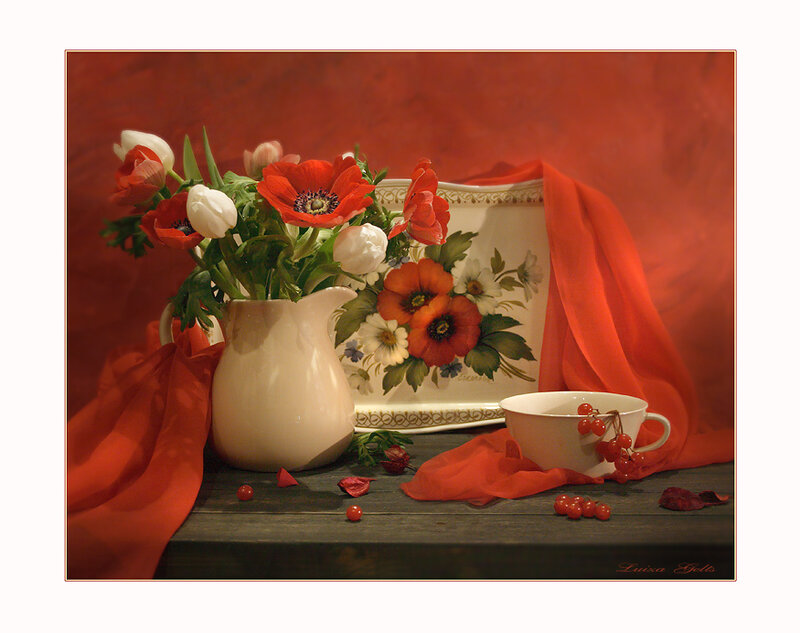 Still Life with Flowers — Red, Dramatic, Painting, Cup