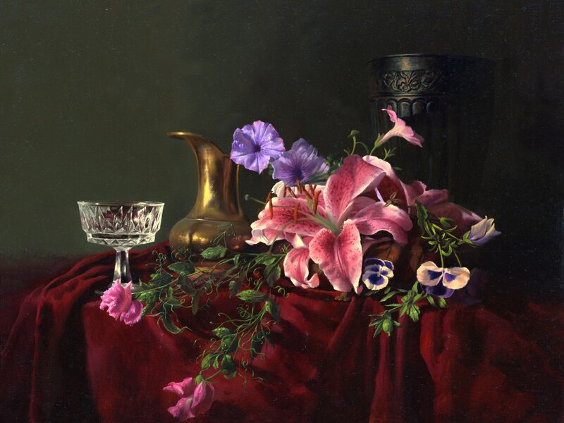 Still Life with Flowers — Red, Dramatic, Painting, Glass, Pitcher