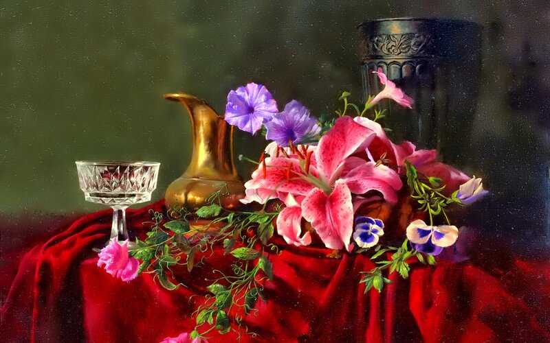 Still Life with Flowers — Red, Dramatic, Painting, Glass