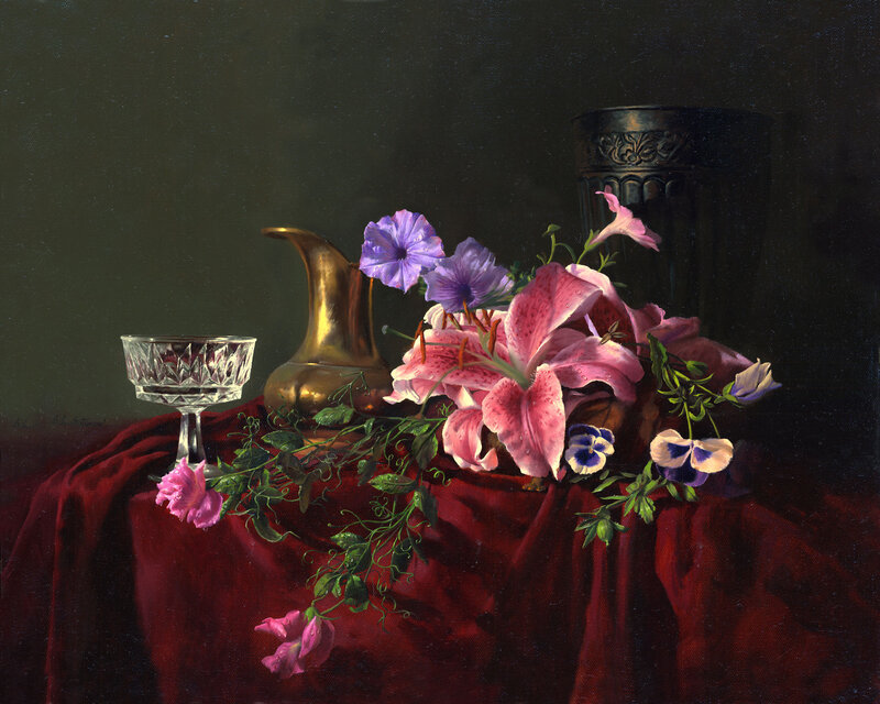 Still Life with Flowers — Red, Dramatic, Painting