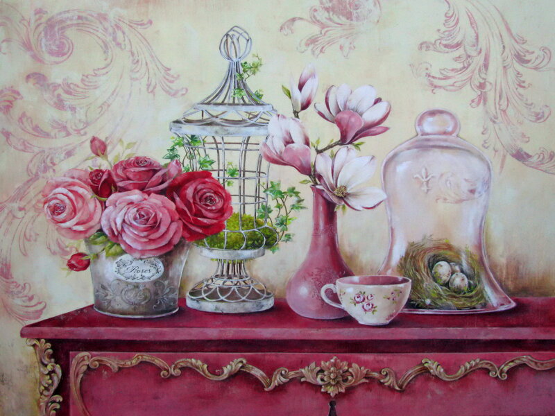 Still Life with Flowers — Red, Serene, Painting