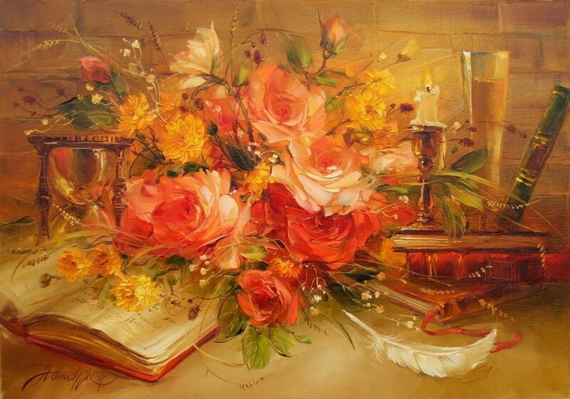 Still Life with Flowers — Red, Warm, Painting