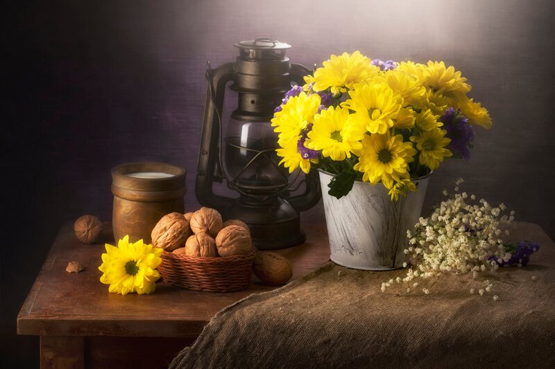 Still Life with Flowers — Yellow, Dramatic, Photograph, Lantern