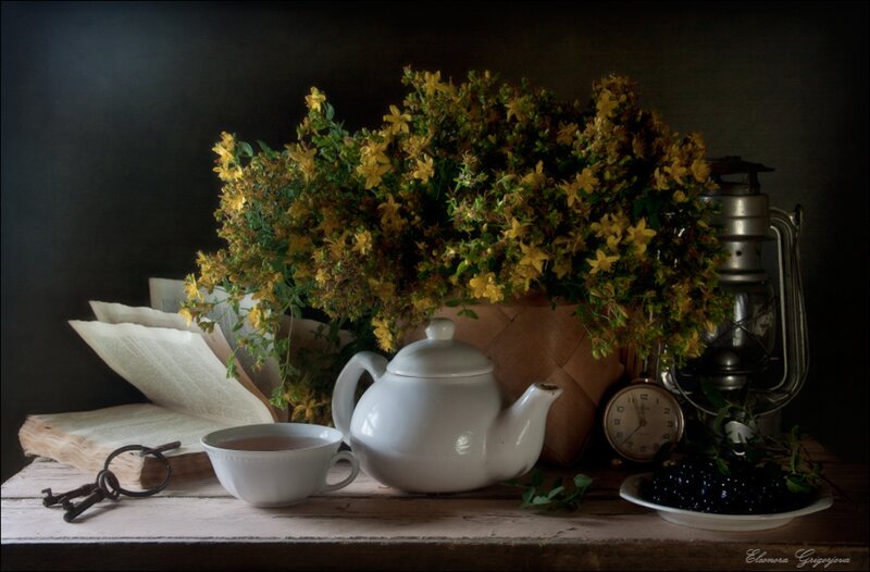 Still Life with Flowers — Yellow, Dramatic, Photograph, Teapot