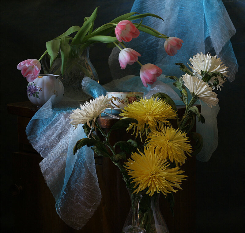 Still Life with Flowers — Yellow, Dramatic, Photograph