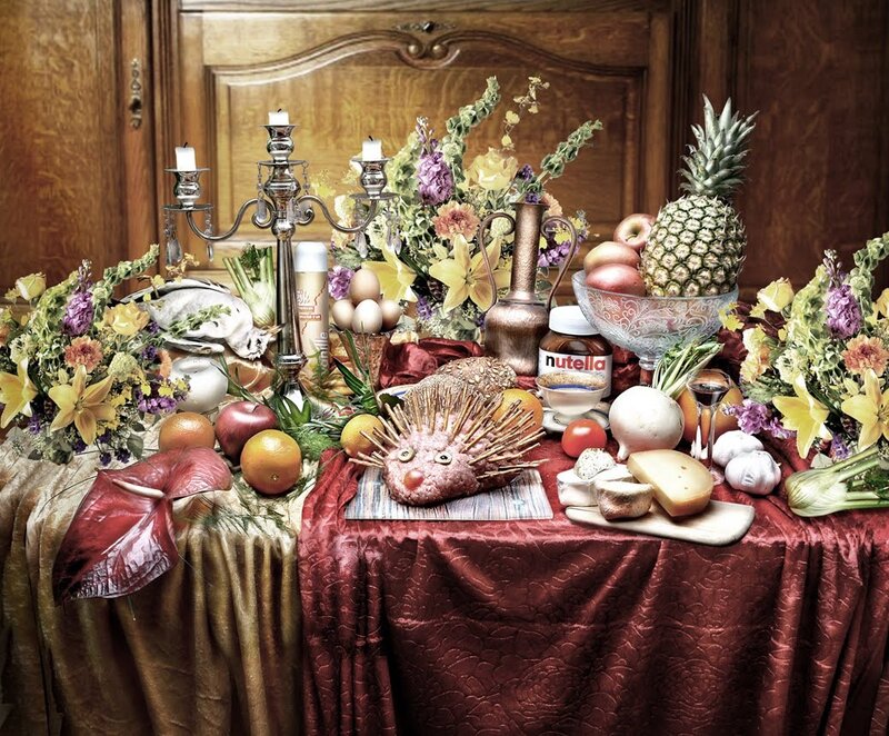 Still life with food and flowers