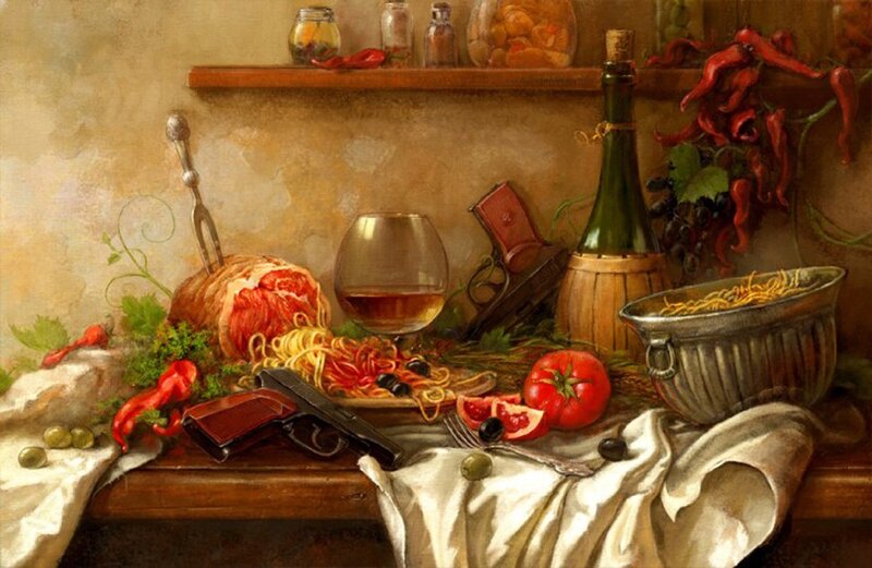 Still life with food and guns