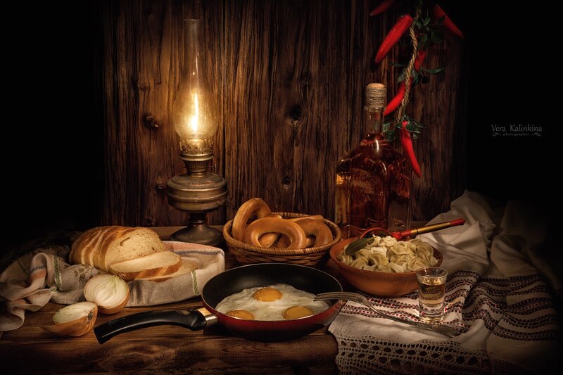 Still Life with Food and Lamp
