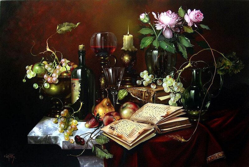 Still Life with Fruit and Book — Red, Dramatic