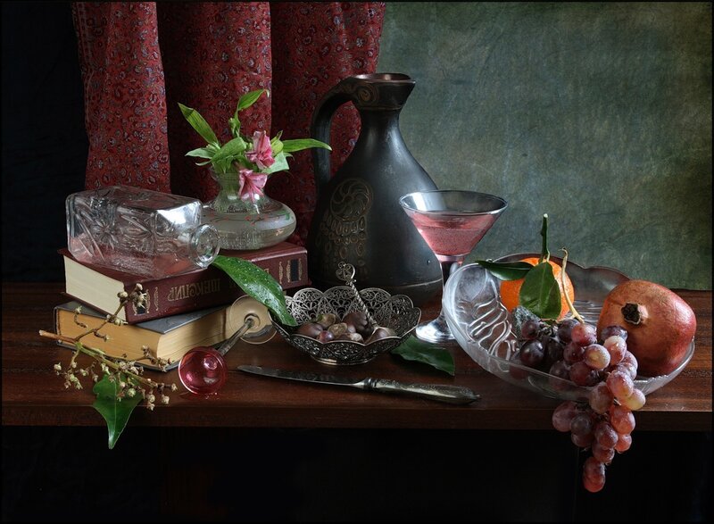 Still Life with Fruit and Books — Brown