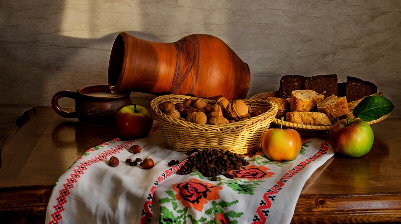 Still Life with Fruit and Bread — Brown, Dramatic