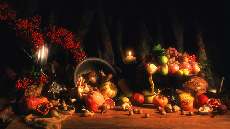 Still Life with Fruit and Candle — Brown