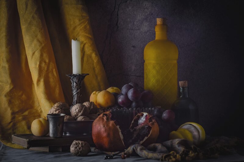 Still Life with Fruit and Candle — Yellow, Dramatic