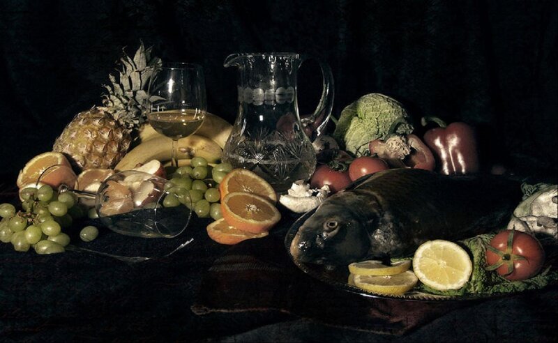 Still life with fruit and fish