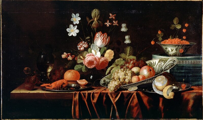 Still Life with Fruit and Flowers — Black, Dramatic, Painting