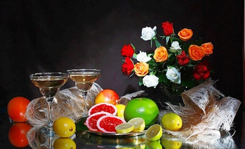 Still Life with Fruit and Flowers — Black, Dramatic