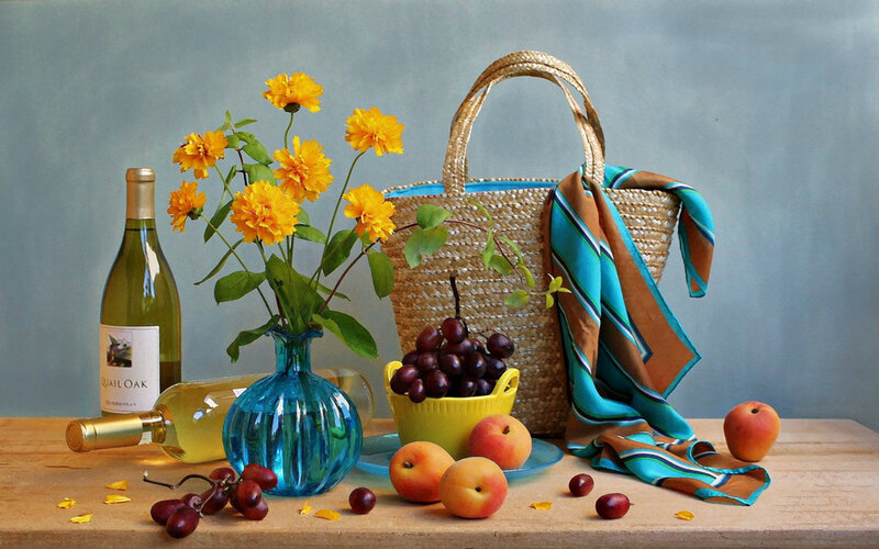 Still Life with Fruit and Flowers — Blue, Calm, Afternoon, Photograph