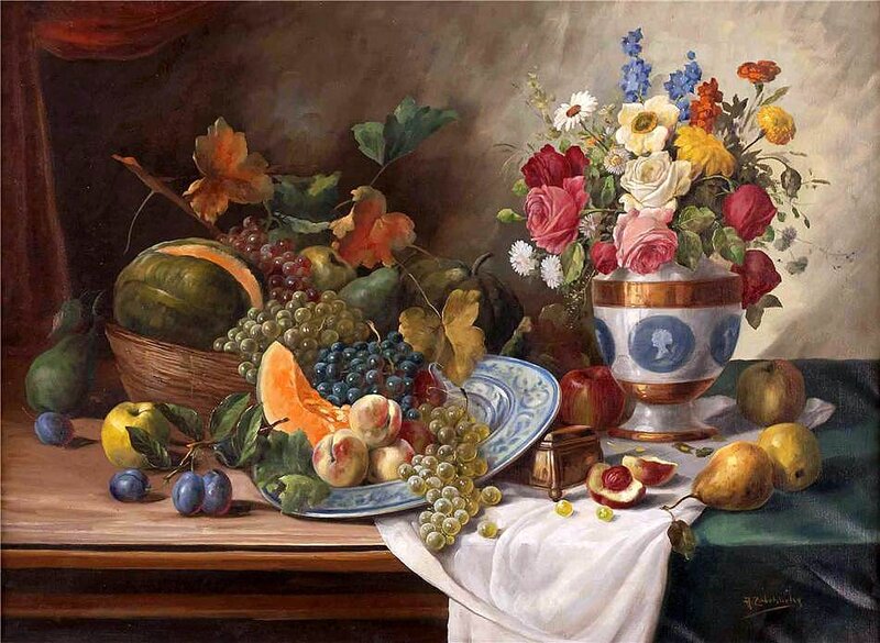 Still Life with Fruit and Flowers — Blue, Calm