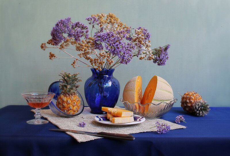 Still Life with Fruit and Flowers — Blue, Serene