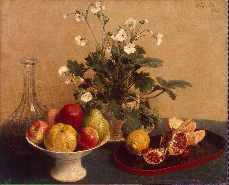 Still Life with Fruit and Flowers — Brown, Calm, Painting, Fruit Bowl